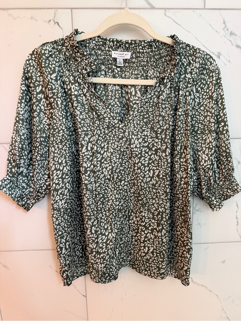 Current Air Green Printed Smocked-Neck Blouse